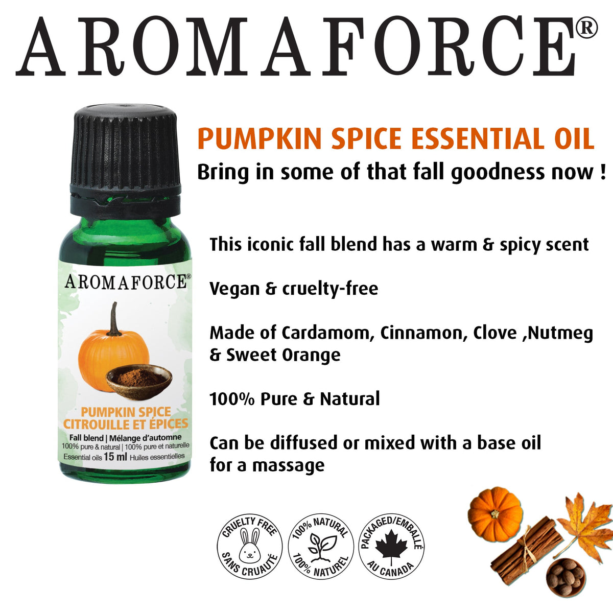 Pumpkin Spice Fall Blend 100% Pure &amp; Natural 15mL - Aromaforce - A.Vogel Canada